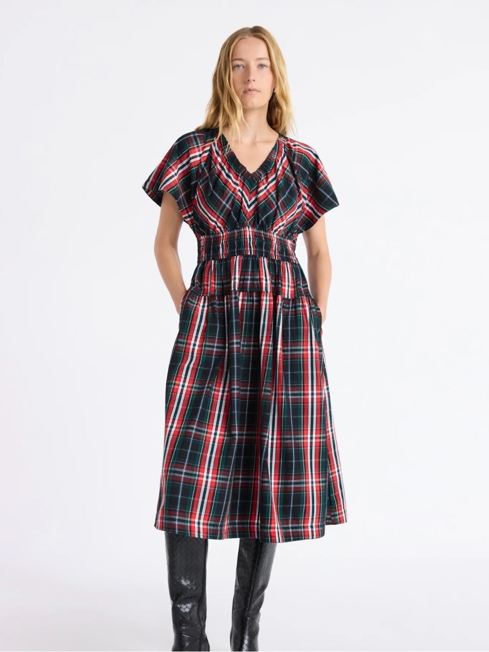 V-Neck Plaid Midi Dress in Red and Green
